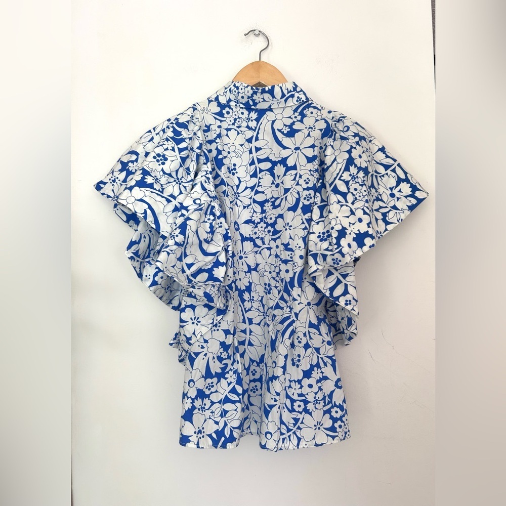 Zara Floral Printed Poplin Flutter Statement Sleeves Top Size xSmall - Picture 8 of 11